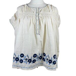 Max Studio Embroidered Boho Peasant Top Ivory Blue Floral Tunic Blouse SZ:L NWT
